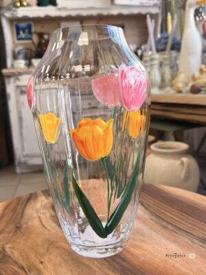 Wazon szklany przezroczysty z malowanymi kwiatami