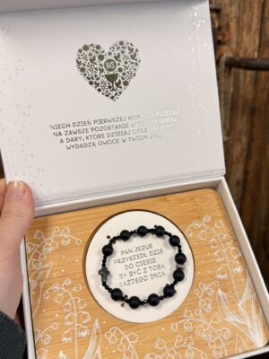 Bransoletka różaniec czarny Prezent na I Komunię