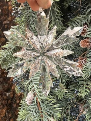 Śnieżynka z polistyrenu – motyw śnieżynki, transparentny, 3 wzory/kolory, dł. 11.5 cm x szer. 2 cm x wys. 13 cm